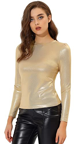 Allegra K Women's Long Sleeve Sparkly Party Glitter Shiny Metallic Tops Shirt