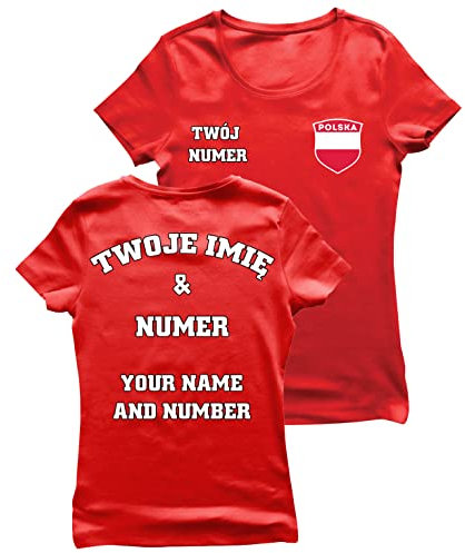 lepni.me Damen T-Shirt Polen Fußball Trikot Ihrem Namen und Nummer Polnische Flagge Abzeichen Personalisierte Custom Top WM 2022 Fans (M Rot Mehrfarben)