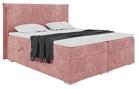 MEBLINI Boxspringbett mit Bettkasten - Gepolstert Doppelbett mit Matratze und Topper - Polsterbett mit Stauraum - Bett mit Kopfteil - Stauraumbett - TORESS - 140x200 - H4/Rosa Samt