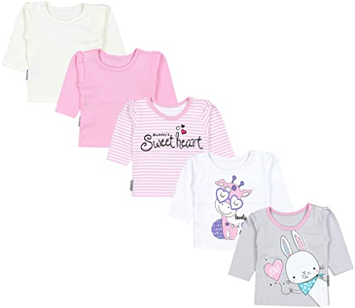 TupTam Baby Mädchen Langarmshirt 5er Set, Farbe: Streifen Giraffe Kaninchen Rosa Weiß Grau, Größe: 80