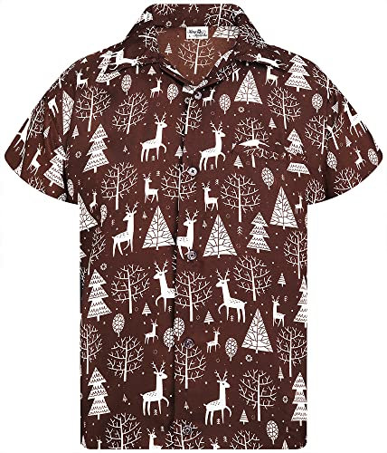 King Kameha Funky-Hawaii-Hemd, Weihnachten, Herren, Kurzarm, Christmas-Reindeer-Allover, Braun, 6XL