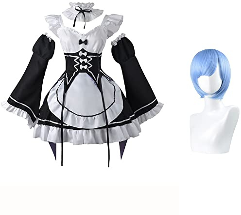 Jiumaocleu Rem and Ram Cosplay-Kostüm mit Perücke, Anime-komplettes Set von Dienstmädchen-Outfit, kurzer Rock, Uniform-Anzüge mit Zubehör, Party, Karneval, Verkleiden für Mädchen