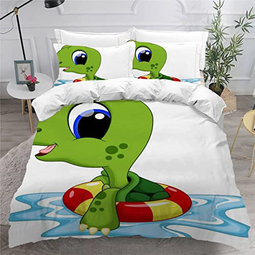 VULORA Bettwäsche 135x200 Schildkröte Bettbezug mit Reißverschluss 100% Mikrofaser Bettwäsche-Sets für Junge Mädchen 3D Druck Cartoon-Tiere Kinderbettwäsche mit 2 Kissenbezüge 80x80cm Winter