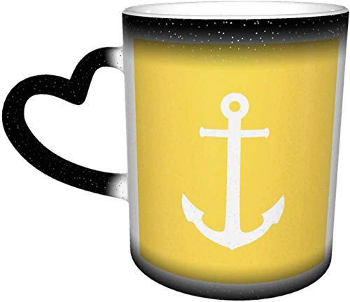Mug en céramique avec ancre blanche sur jaune moutarde - Tasse à café sensible à la chaleur - Tasse à café en céramique