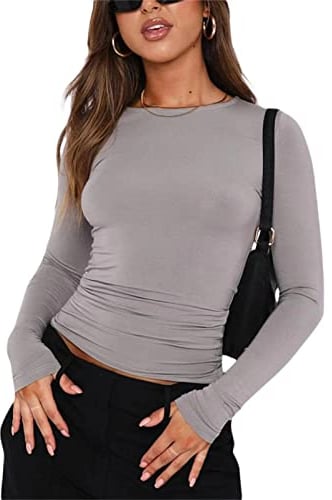 OYIGELZ Women's Basic Long Sleeve Shirt Crop Top Y2K T-Shirt Slim Fit Casual Tee Tops Streetwear(Light Grey-a,S)