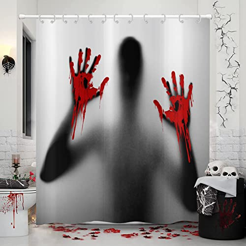 Hnmdmyi Duschvorhang Halloween 90x180, Horror Blutige Hände Duschvorhänge Gruseliges Halloween Thema Party Urlaub Badewanne Vorhang Wasserdicht Polyester Stoff Waschbar Badevorhang mit Haken