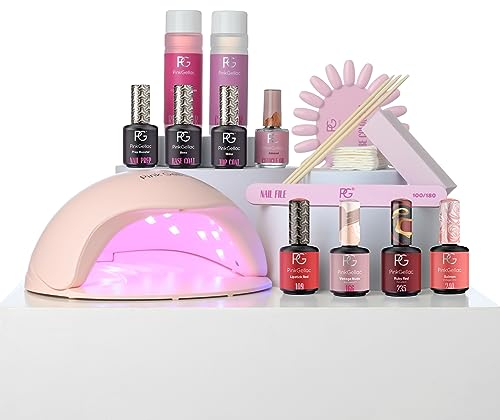 Pink Gellac Gel Nägel Set - UV Nagellack Set mit Premium UV Lampe Rosa, 4x Roten Farbtönen 15 ml, Top Coat Gel, Base Coat, Nagelfeile, Entferner und Cleaner - Nägel Selber Machen in Salonqualität