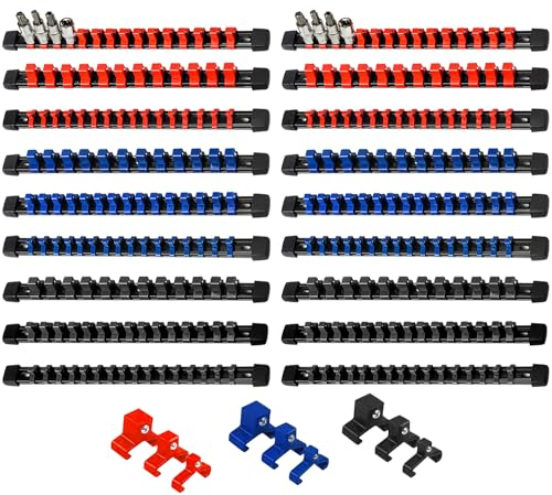 AMM 18-teiliger Steckschlüssel-Organizer, 1,27 cm, 0,95 cm und 1/4 Zoll (1,27 cm), robuste Steckschlüssel-Halterungen, hochwertige Steckschlüssel-Klemmschiene, schwarze Schienen mit roten, blauen,