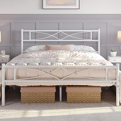 Yaheetech 5ft King Bed Frames Metal Slatted Bed Platform with Curved Design Headboard and Footboard, Under-bed Storage, No Box Spring Needed, 12 Built-in Steel Slats, White