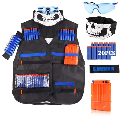 LUUFAN Kit de gilet tactique pour pistolets NERF avec clips de recharge, fléchettes, bracelet, masque tactique, lunettes de protection pour garçons et filles, cadeau d'anniversaire pour enfants