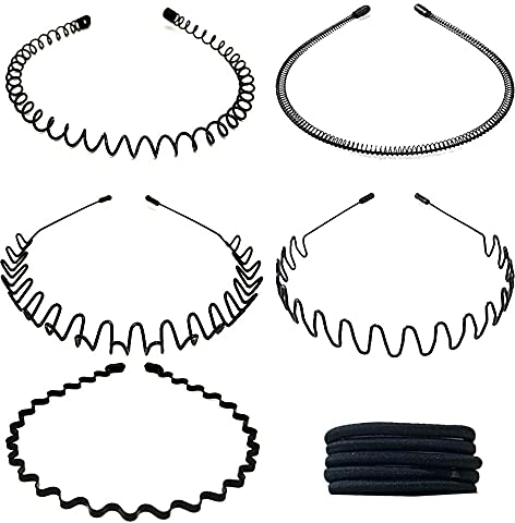 5 Stück Metall Haarband, Etercycle Unisex Haarreif Welle Schwarz Frühling Haarreifen, 90er Damen Herren Headband Multi-Stil Hair Accessories mit 5 Elastischen Haarbändern für Tägliche Fitness