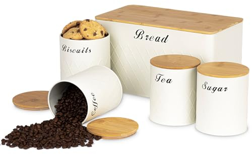 NTEK 5pc Kitchen Storage Bamboo Lid Set Includes Tea, Coffee, Sugar, Bread and Biscuit Barrel Canister Jar & Stylish Bread Bin - Diamond Embossed Design Matt Finish (WHITE)