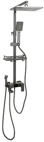 Duschsystem, 29 X 19 CM Kopfbrause, Vielseitig Duschset 73-116 cm verstellbare Duschstange, Duschsäule LED-Display, Duscharmatur mit 3 Funktion Handbrause und Armatur, Ablage (Schwarz grau)