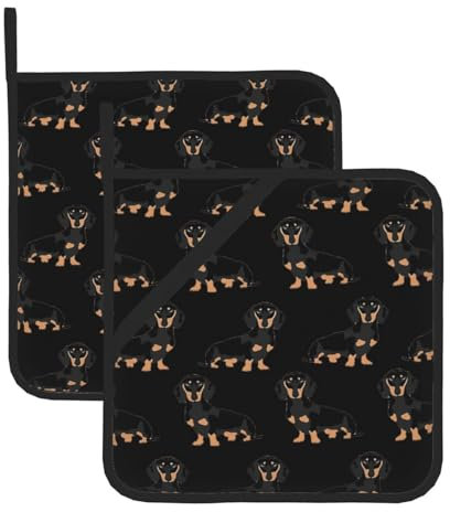 Wurton Topflappen mit Dackel-Motiv, 2er-Set, Doppelfunktion, Küche und Untersetzer, 20,3 x 20,3 cm, zum Kochen und Backen