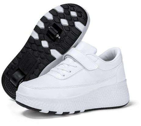 Schuhe mit Rollen für mädchen Jungen Einzelrad/Doppelrad Verstellbare Rollschuhe Schuhe Einziehbar Turnschuhe mit Rollen für Kinder Roller Skate Shoes für Outdoor-Sportarten,Weiß,39EU