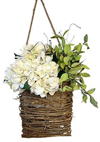 Wildflowers Door Hanging Basket Wreath Spring Wreaths for Front Door Hydrangea Door Hanger Basket Wreath Artificial Spring and Summer Wreath Welcome Sign, Home Porch Farmhouse Decor(white)