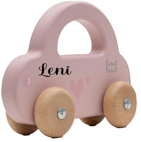 minipishop® Baby Geschenk personalisiert Mädchen Spielzeug Holzauto Rosa I Erstes Auto mit Namen als Geschenkidee zur Geburt Holzspielzeug ab 1 Jahr