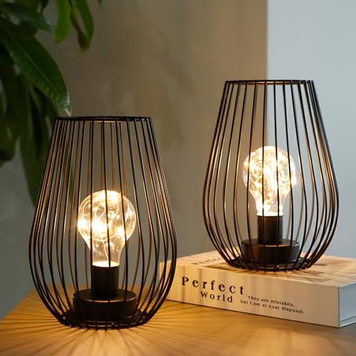 TRIROCKS Metal Cordless Table Lamp 20cm Tall Set of 2 Cage Shape Battery Operated Lanterns with Fairy Lights Bulb for Indoor/Outdoor Use Perfect for Christmas Garden Weddings Events (Black)