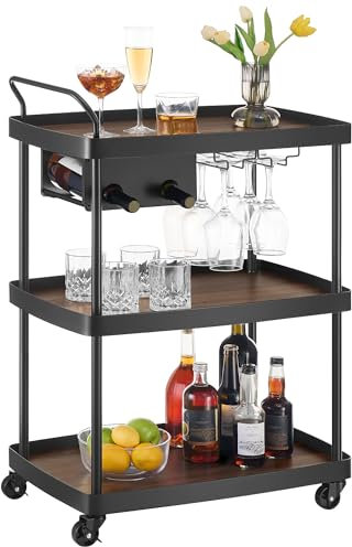 SONGMICS HOME Carrello da bar, carrello da bar con ripiano a 3 livelli, portabottiglie flessibile e supporto per bicchieri, carrello per bevande, carrello per microonde, cucina, noce naturale e