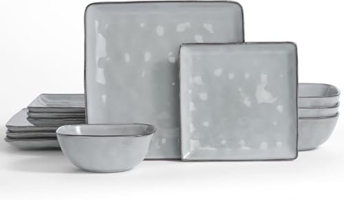 Richmount Steingut Geschirrset 4 Personen, Serie Ocean 12-tlg Quadratishes Geschirr Set, Teller Set pülmaschinen- mikrowellen- kratzfest für Tafelservice mit Reaktiver Glasur, Essgeschirr, Grau