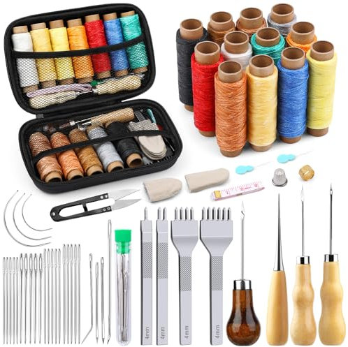 JUAYING Leather Sewing Kit, Leather Working Tools Set, Upholstery Repair Kit with Leather Prong Punch, Waxed Thread, Sewing Needles, Awl, Leather Stitching Kit DIY Leather Craft Sewing