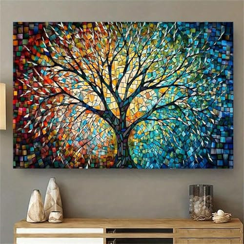 TONGYINLI Baum des Lebens, klassisches Leinwandgemälde, Wandkunst, Blattmuster, Landschaftsposter, Heim-Wohnzimmer-Dekorationsgemälde, 75 x 110 cm, Rahmen