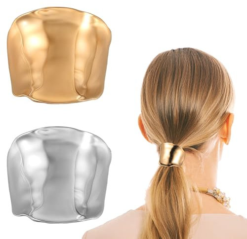 HJZHII Ponytail Holder Hair Clips, 2 Pcs Mental French Ponytail Cuffs Simple Hairbands Hair Barrettes Retro Braids Decorative Clip Strong Hold Gold Silver Barrette for Woman