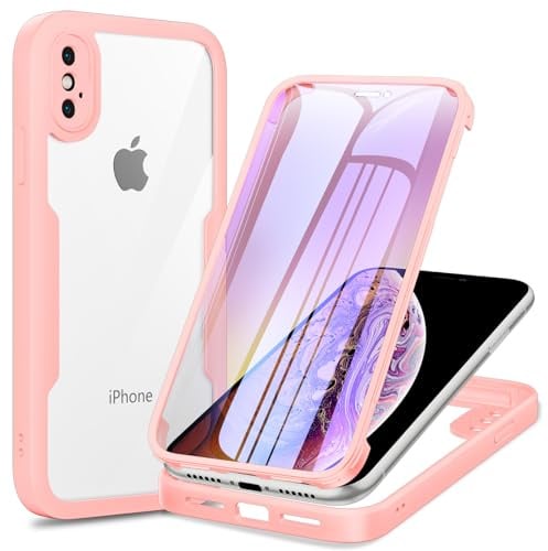 Phoona Cover per iPhone X/iPhone XS con Pellicola Protettiva Trasparente, Antiurto Silicone Custodia 360 Gradi Full Body Protezione, AntiGraffio Robusta Cover per iPhone X/iPhone XS, Rosa