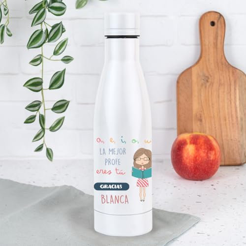 Wanapix | Botella de Acero Inoxidable para Profesoras | Color Blanco | 500 ml. | Doble Capa | Térmica | Personaliza con Nombre de la Profe | Regalo Fin de Curso | Diseño a, e, i, o, u, Mejor Profe