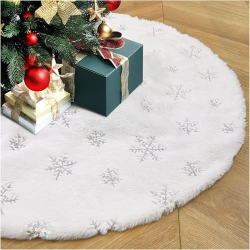 Gonna per albero di Natale, morbida gonna in peluche bianco, diametro 90 cm, fiocchi di neve argentati, decorazione per feste di Natale e Capodanno (spessore extra)