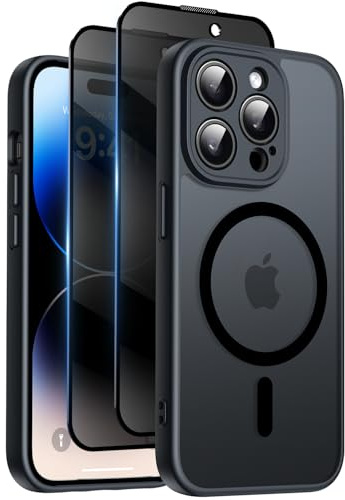 Qasyfanc for iPhone 14 Pro Case, Privacy Screen Protectors X2, Black | Compatible with MagSafe, Camera Protection, 15FT Military Drop Protection, Translucent Matte Shockproof Phone Cover