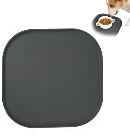SxinghTapis Gamelle Silicone 27cmChien Chat Antidérapant Imperméable Rebord | Silicone alimentaire, Gris, dimension 27cm carré, rebord anti-déversement, lavable facilement, usage gamelle chien et chat