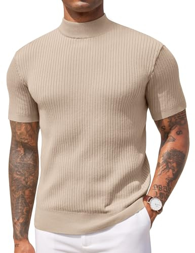 COOFANDY Camiseta de Punto para Hombre Jersey de Manga Corta con Cuello Perkins Pulóver de Medio Cuello Elegante Camiseta Ajustada Casual