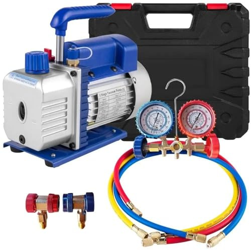 Pompa per Vuoto Condizionatore Manometro Collettore,Pompa Vuoto Frigorista 1440RPM Anti Ritorno Olio per Climatizzatori, Auto e Sistemi HVAC, Attrezzatura Professionale Refrigerazione (3CFM 1/4HP)