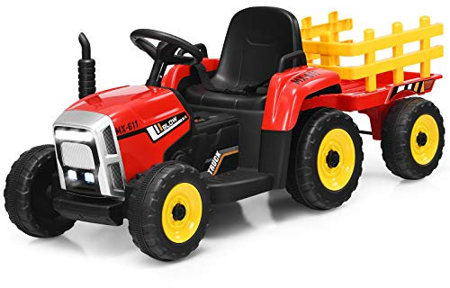 COSTWAY Ride on Tractor and Trailer, 12V Battery Powered Electric Kids Toy Car with Remote Control, LED Lights, USB & Bluetooth Music, Four Wheels Ride on Toys for Children Ages 3+(Red+Yellow)