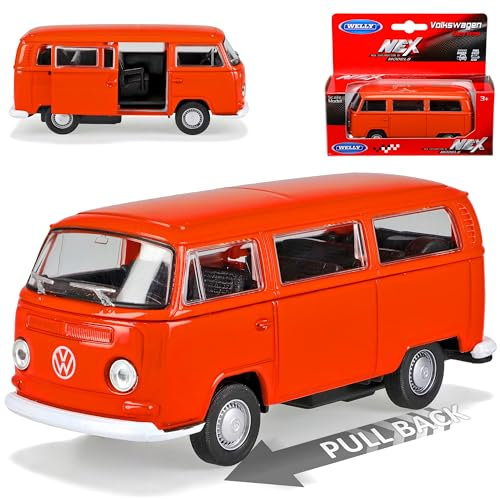 Welly Volkwagen T2 Orange Bus Transporter 1967-1979 mit Rückzugsmotor ca 1/43 1/36-1/46 Modell Auto mit individiuellem Wunschkennzeichen