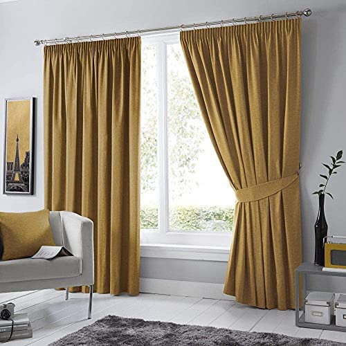 Fusion Ochre Yellow W90 x L90 Pencil Yellow-2x Panels Bedroom & Living Room-Pleated Curtains and Drapes in Mustard, Blackout/Thermal Insulated, 90 Width x 90 Drop (229 x 229cm)