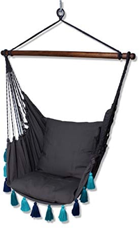 HOBEA-Germany Hängesessel, Vintage Hängestuhl Boho-Look, Hängeschaukel Fransen Uni Deluxe, Farbe:grau mit blauen Quasten