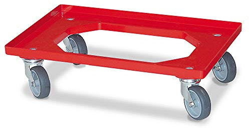 Logistikroller/Transportroller Behälter 600x400 mm, rot, 4 Edelstahl-Lenkrollen, graue Gummiräder, Tragkraft 250 kg