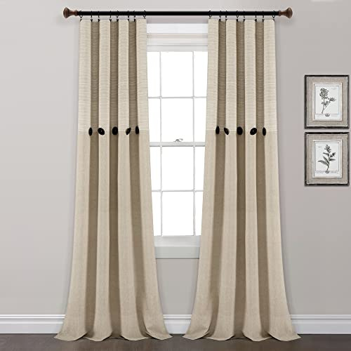 Lush Decor Farmhouse Button Stripe Yarn Dyed Cotton Blend Window Curtain Panels Pair 40 W x 84 L Linen - Striped Curtains for Living Room