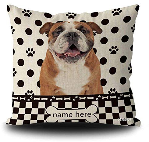 BAGEYOU Kissenbezug mit Hundemotiv, gepunktet, Motiv: Happy English Bulldog Buffalo Karo, Plaid Paw Knochen, Heimdekoration, quadratisch, 50,8 x 50,8 cm