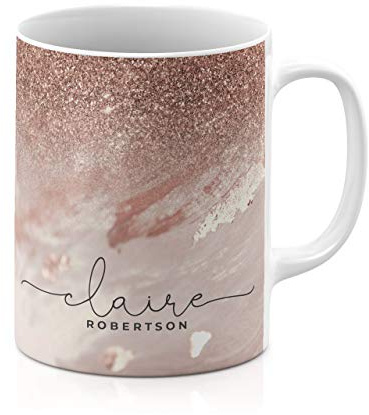 Tirita Personalised Mug Initial with Name, Custom Gift for Mum, Dad, Kids or Girls. [10 - Shimmering Rose Gold] Printed Glitter, NOT Real Glitter