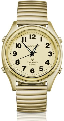 Hearkent Radio Controlled Talking Watch with Stainless Steel Expanding Strap British English Speaking for Blind People and Visually Impaired Elderly (Gold)