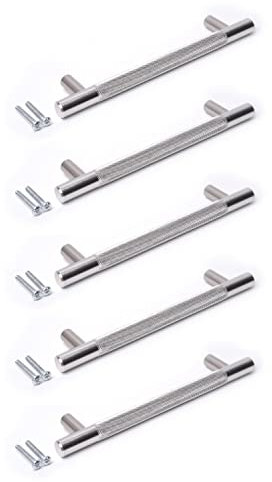 BSM Marketing Chrome Silver Finish Knurled T Bar Modern Kitchen Cupboard Cabinet Drawer Bar Door Handle Knob (5, 160mm)
