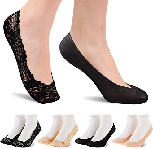 Geyoga 4 Pairs Women No Show Socks Non Slip Lace Invisible Boat Low Cut Liner Ankle Socks for Sneakers Loafer