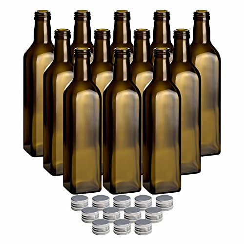 gouveo Juego de 12 botellas de cristal de 500 ml, diseño antiguo, con tapón de rosca, color plateado