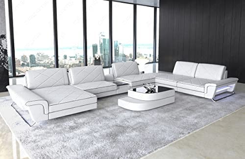 XXL Sofa Wohnlandschaft Bari in Leder Sofa mit USB-Anschluss Kopfstützen LED-Licht Ledersofa Designersofa Couch (Ottomane Links (auf Sofa blickend), Weiss-Schwarz)