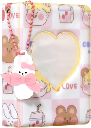 3 Inch Kpop Photocard Binder Holder Book, Mini Photo Album Kpop Photocard Binder, Love Heart Hollow Photo Card Holder Kpop Album 40 Pockets with Lovely Pendant for Photo Collection (Pink)