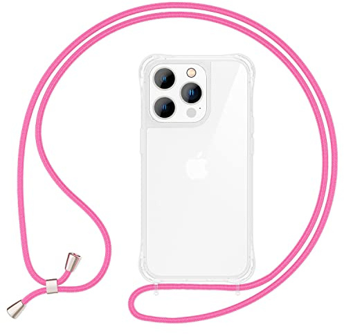 NALIA Handykette für iPhone 14 Pro Max - Hülle, Pink | Kordel ca. 1,60m für Crossbody, Ösen fest im Rahmen eingegossen, Massive Metallenden, Verstärkte Ecken, HANGIT PRO