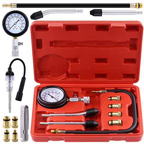 Mardatt 10Pcs Compression Tester Adapter Kit with Spark Plug Tester & 32 Blades Feeler Gauge, Cylinder Pressure Gauges Fuel Injection Tester with Extension Tube for Automotive Armature Diagnostic